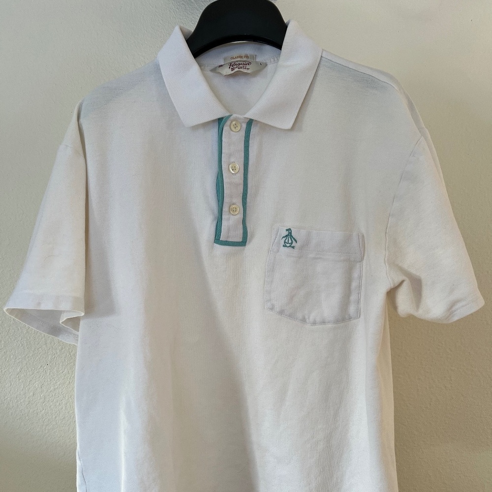Men's Original Penguin White and Teal Short-Sleeve Polo Shirt (Large)